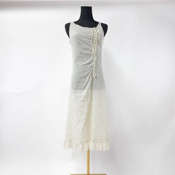 VINTAGE 90S STYLE SHEER CREAM DRESS WITH GATHERED DETAILS AND RUFFLE DETAILS - Picture 1 of 13